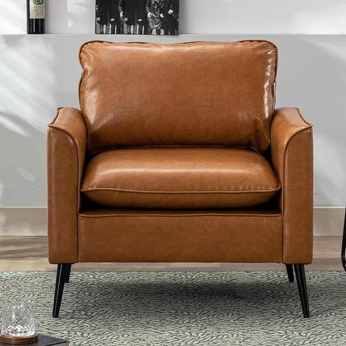 Okeysen Mid-Century Modern Leather Armchairs Set of 4 Comfy Upholstered Accent Chairs for Bedroom or Living Room Oversized Single Sofa Chairs for Reading and Waiting Areas