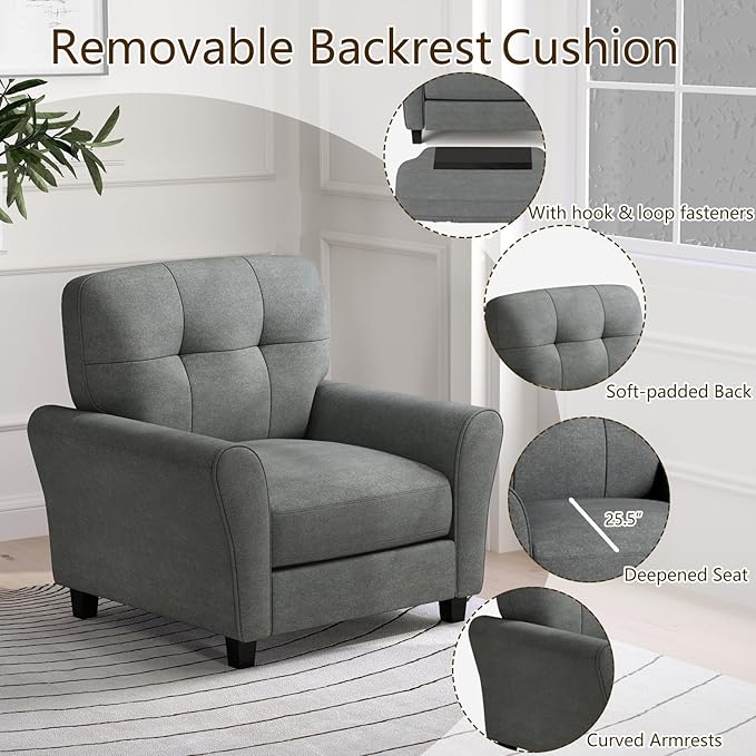 KOMFOTT Upholstered Accent Chairs Set of 2 Mid-Century Modern Living Room Chairs Linen Fabric Armchair with Tufted Back Non-Slip Foot Pads Single Sofa Chairs Reading Chairs for Bedroom Grey