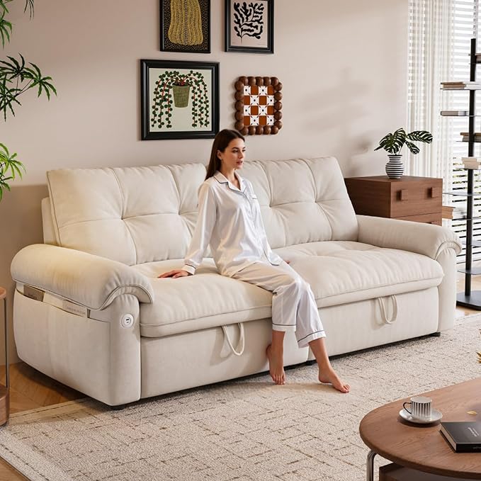 77.2'' Multifunctional Loveseat Sleeper Sofa Couch with Pull-Out Bed 3-in-1 Modern Velvet Convertible Sofa Bed with USB and Side Pockets Easy Assembly Living Room Apartment Beige