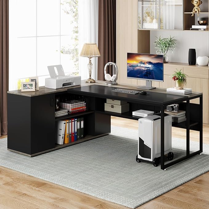 Tribesigns 71 inch Executive Desk L Shaped Desk with Cabinet Storage Executive Office Table with Shelves Business Furniture Set Workstation for Home Office Gray