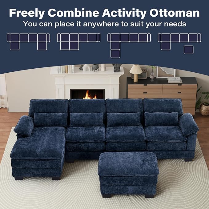 OUYESSIR 114 U Shape Sectional Cloud Couch with OttomanFluffy Sectional Couches for Living Room4 Seater Modular Sectionals SofaComfy Cloud Sofas &amp Couches with 4 PillowsNavy Blue