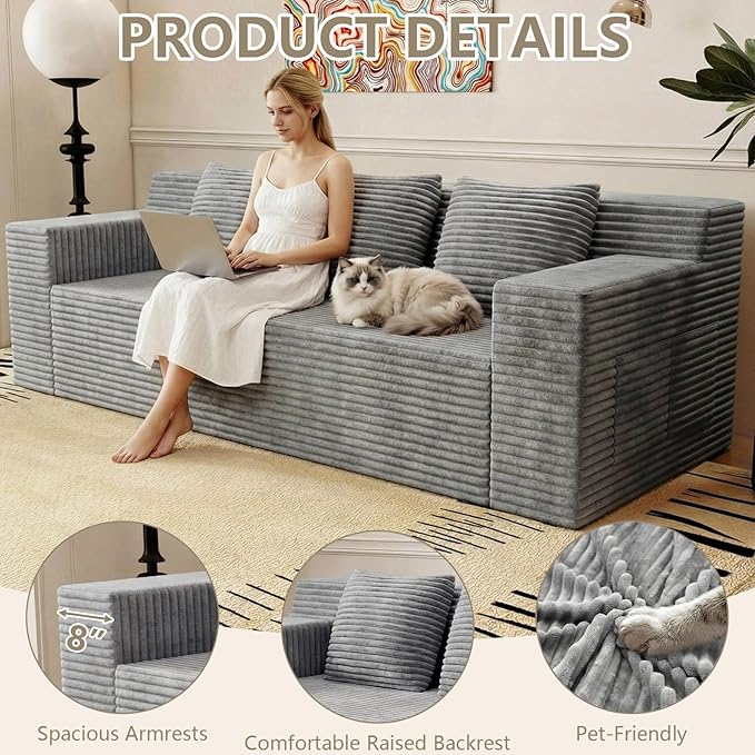 71 Love Seat Couches Corduroy Boneless Loveseat with Deep Seats 2 Seat Couch Apartment Size Couch with 3 Pillows&ampSide Pockets for Bedroom Office No Assembly Required Light Gray