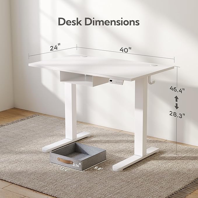 Seang Standing Desk with Drawer 40 x 24 Height Adjustable Stand Up Desk 3 Memory Height Settings with Cable Grommets &amp Storage Hooks Ideal for Home &amp Office White