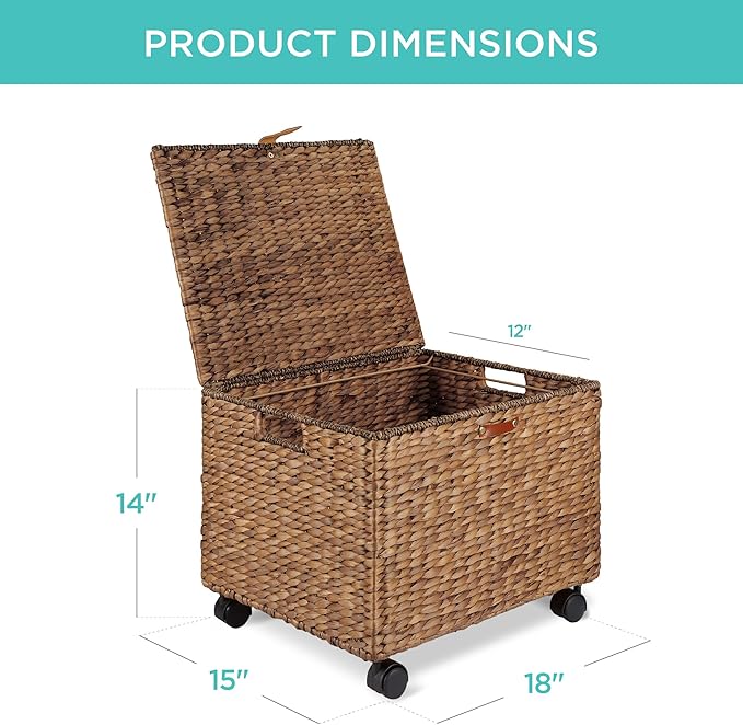 Best Choice Products Handwoven Water Hyacinth Rolling Filing Cabinet Mobile File Organizer for Hanging Folders W/Lid and Locking Wheels For Home or Office – Chestnut