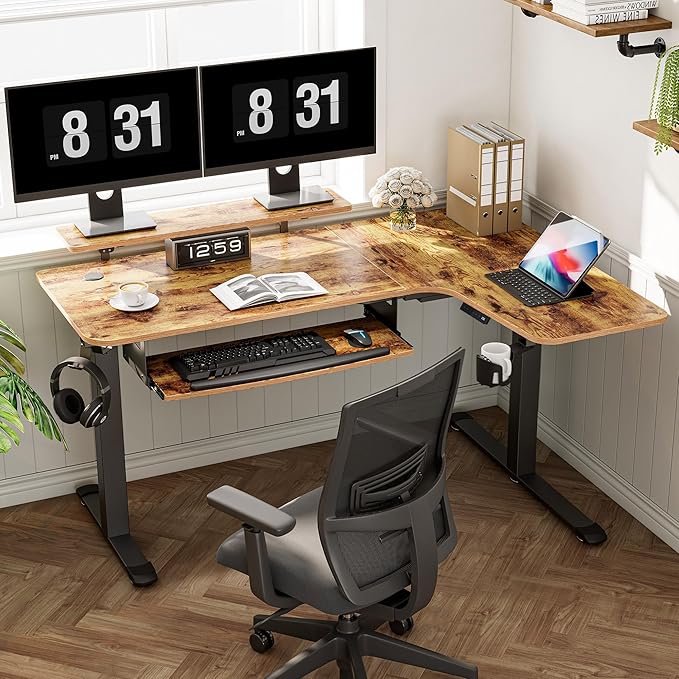 EUREKA ERGONOMIC Standing Desk with Keyboard Tray Computer Desk 61 L Shaped Electric Adjustable Height Desk w Monitor Stand LED Corner Sit Stand Desk Gaming Desk Dual MotorRight/Rustic Brown