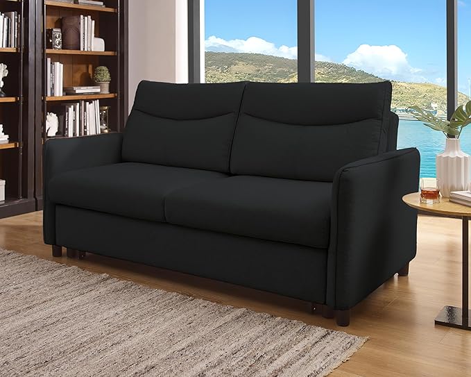 THSUPER 75‘’ Queen Size Sofa Bed Loveseat Sleeper Sofa with Pull Out Bed Convertible Small Sleeper Couch Bed for Living Room/RV/Apartment (Black) | 3 in 1 sofa bed adjustable backrest