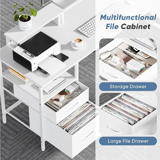 DUMOS 62 Inch L Shaped Gaming Desk with Charging Station &amp 2 Monitor Stands Computer Desk with Drawer &amp Adjustable Storage Shelves Large Corner Desk for Home Office White