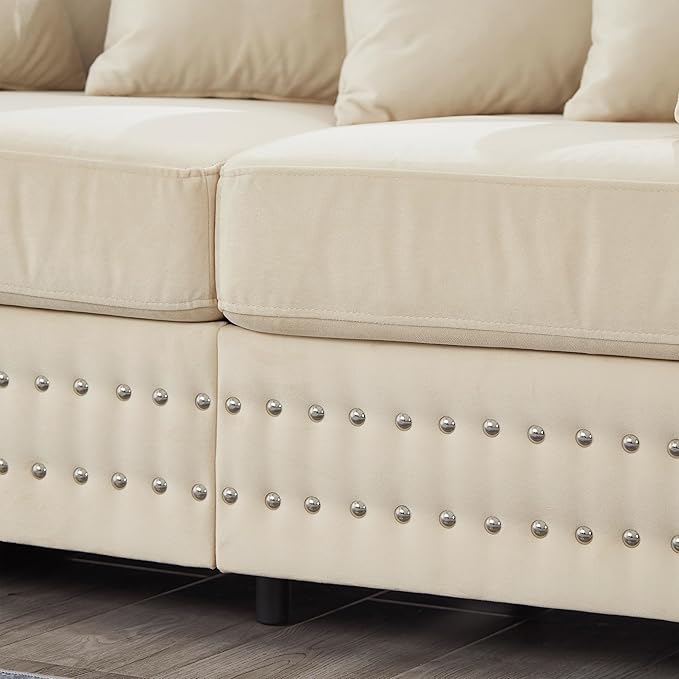 2 Piece Velvet Sofa Set with Storage - Mid Century Modern Chesterfield Couch and Loveseat Sets Comfy Deep Seat Upholstered Sectional Love Seat with Retro Nailhead Beige Couches Living Room (Apricot)