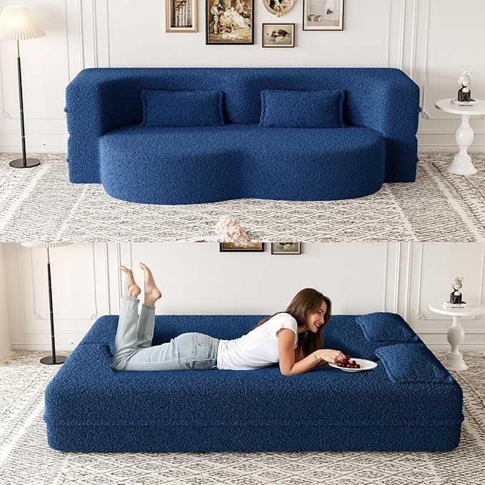 78 Teddy Folding Floor Sofa Couch BedConvertible Folding Sofa Bed Full Size Love Seat Sleeper Bed with 2 Pillows for Living Room Apartment Office (Blue)