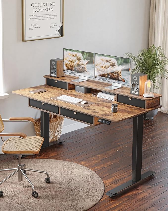 CubiCubi 60 x 30 Standing Desk with Drawers Height Adjustable Electric Workstation Computer Sit Stand Up Table with Large Storage Shelf 4 Drawers and 2 Hooks Rustic Brown