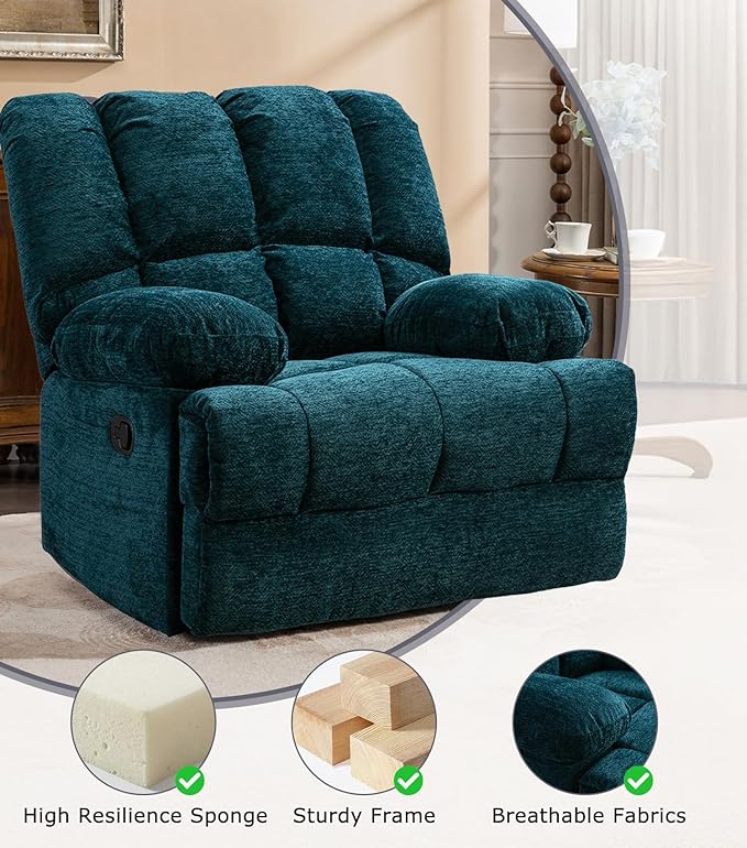 WILLOVE Oversized Rocker Recliner Chair Rocking Recliners Overstuffed Soft Big Man Manual Recliner Extra Large Living Room Chair 350 LBS Capacity Teal L
