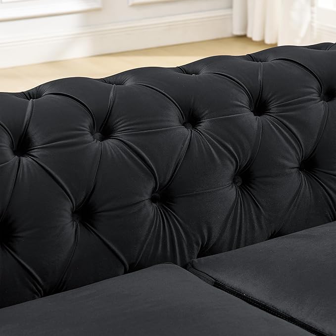 KEIKI 63 Luxury Oversized Velvet Chesterfield Sofa with 2 Pillow &amp Gold Stainless Decoration Italian Modern Style 2-Seater Button Tufted Couch with Rolled Arms Easy Assembly for Living Room B