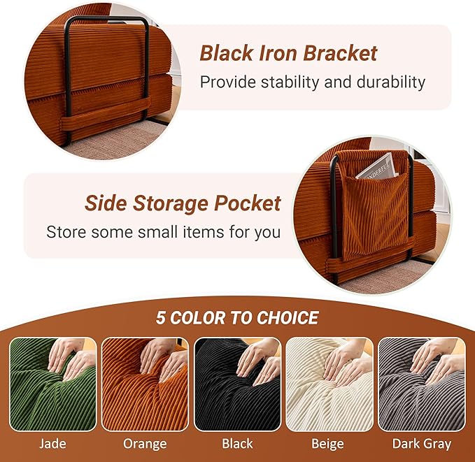 Convertible Floor Sofa Bed Modern King Sleeper Folding Mattress Couch with Pillows Corduroy Boneless Sectional Sofa Couch for Living Room Game Room Orange