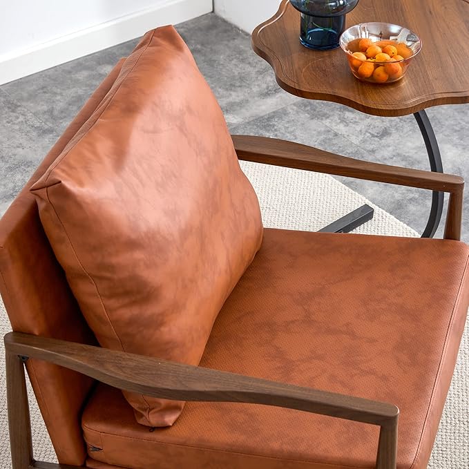 PU Leather Accent Arm Chair Mid Century Modern Upholstered Armchair with Imitation Solid Wood Walnut Color Metal Frame Extra-Thick Padded Backrest and Seat Cushion Sofa Chairs for Living Room
