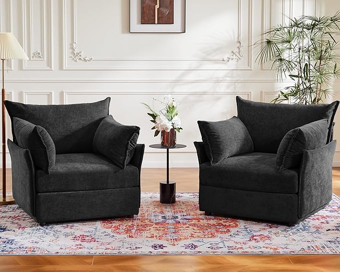 ABCASA Black Oversized Accent Chair with Removable &amp Washable Chenille Cover Modern Mid-Century Upholstered Armchair Deep Seat Comfy Reading Chair for Living Room Pet &amp Kid FriendlySet of