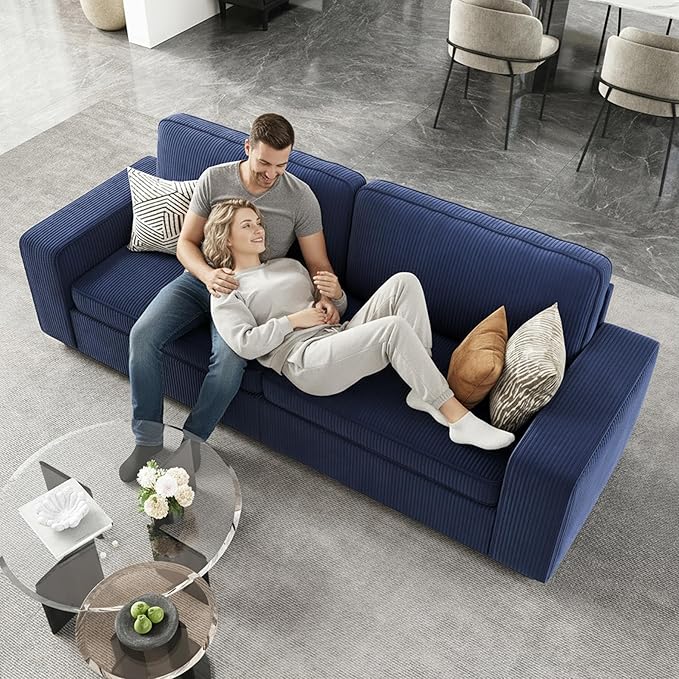 YOUDENOVA 86 3-Seater Sofa Corduroy Sofa Couch for Living Room Modern Lounge Couches with Extra Deep Seats Solid Wood Removable Cover Wide Armrest Easy Assembly Blue