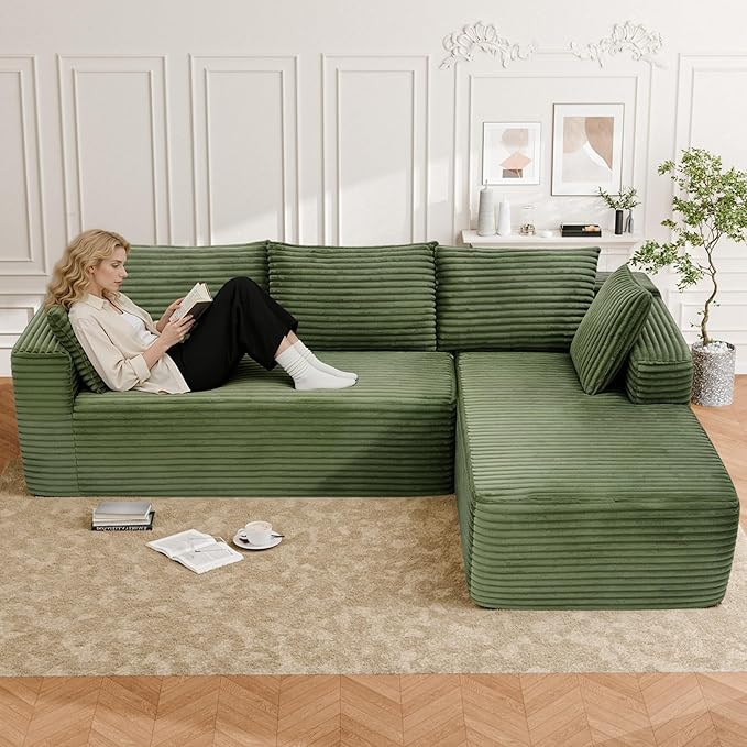 Cloud Sectional Couch 105” Fluffy Modular L-Shape Sofa with Left Chaise Lounge Modular Sectional Sofa in a Box Boneless Couch for Living Room No Assembly Required Flannel Green