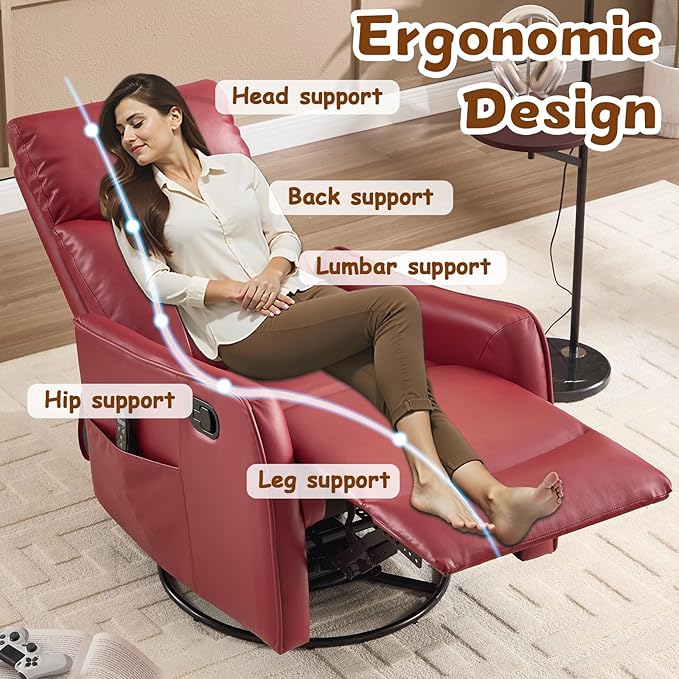 Slim Swivel Rocking Chair Recliner with PocketsLazy Boy Recliners for for AdultsSmall Recliner Chair for Small Spaces Manual Reclining Chair for Living Room Bedroom (Wine Red)