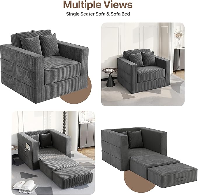 Claiks Convertible Sofa Bed2 in1 Folding Sofa BedArmchair Sleeper Sofa Boneless Corduroy Couch with 2 Pillows Pillows for Living Room BedroomDark Grey