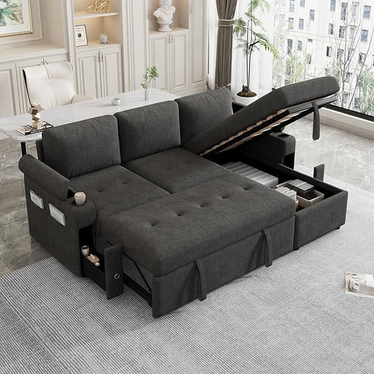 Merax Modern 83.5 L-Shaped Sectional Sofa with Pull-Out Sleeper Bed USB Ports &amp Cup Holders Chenille 3-Seat Couch with Storage Chaise Lounge Side Pocket &amp Drawers for Living Room Black