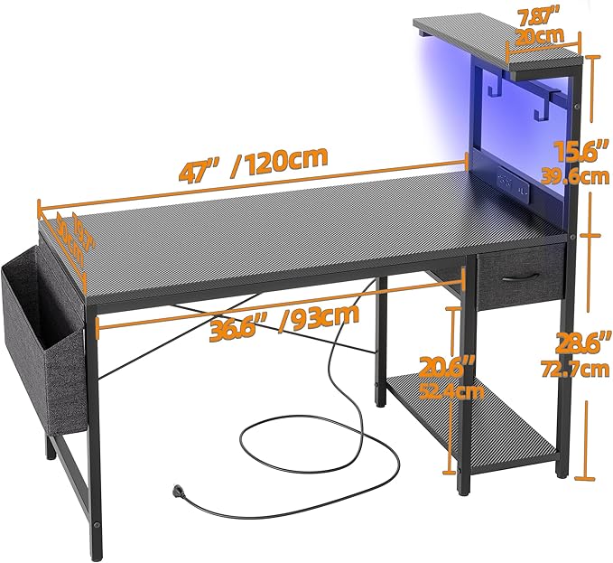 TIQLAB Gaming Desk 47 inch with Power Outlet and LED Light Computer Desk with Reversible Shelves and Storage Drawer Small PC Desk for Home Office Table with Bag Carbon Fiber Black