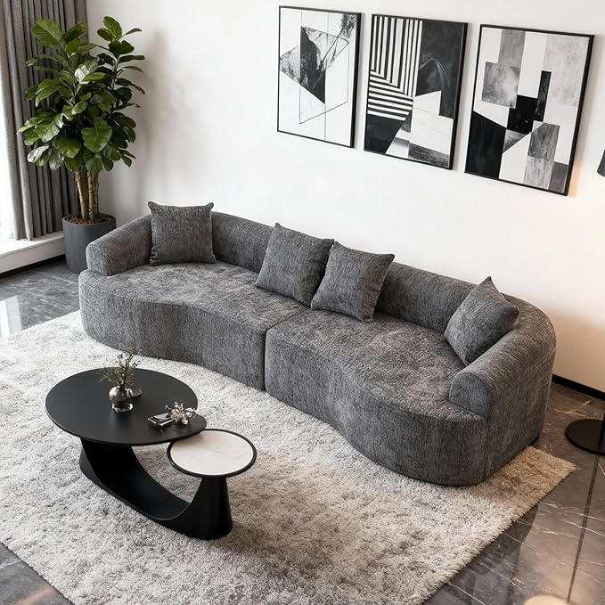Oversized Sectional Boneless Sofa for Living Room 106 Modern Luxury Chenille Sofa 4-Seater Extra Deep &amp Wide Seat Curved Cloud Couch with 4 Throw Pillows Grey