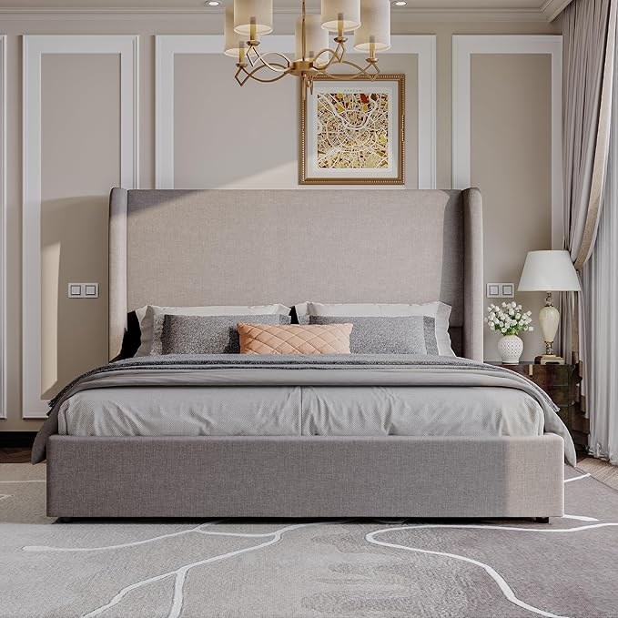 AMERLIFE Lift Up Storage Bed Queen Size Linen Upholstered Platform Bed Frame Hydraulic StorageModern Wingback Headboard No Box Spring Needed Light Grey