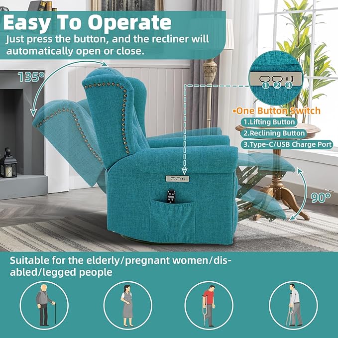 MEETWARM Power Swivel Rocking Glider Recliner Chair with Heat and Vibration Electric Rocker Nursery Reclining Chair Wingback Tufted Upholstered Recliner for Living Room Type-C &amp USB Ports (Teal
