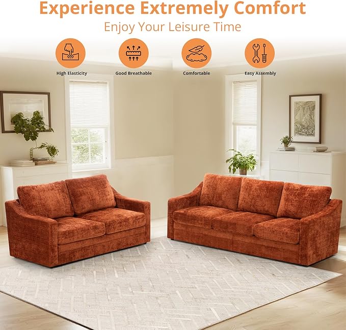 2 Pieces Chenille Sofa Sets w/Comfortable Back Cushions Modern Loveseat &amp Sofa w/Deep Seat Space Upholstered 2 Seat &amp 3 Seats Couch Sets w/High Resiliency Foam for Living Room Office Orange