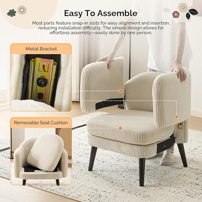 VINGLI 30.3 Wide Modern Barrel Accent Armchair with Track Armrest Solid Wooden Legs Comfy Upholstered Club Chair Round Single Home Sofa for Living Room Bedroom Reading Room Corduroy Beige