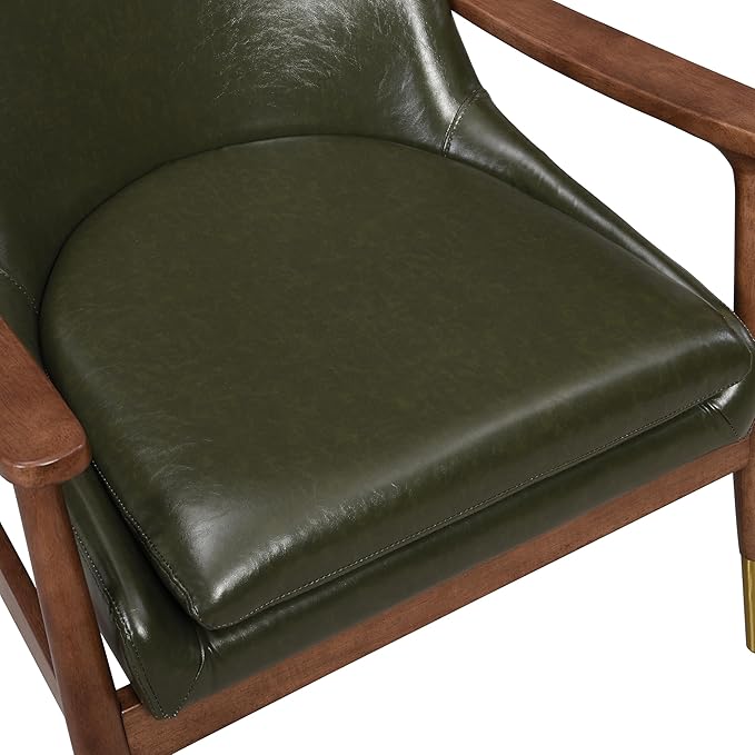 29.2 Mid-Century Modern Faux Leather Accent Chair with Padded Seat Solid Wood Frame &amp Brass Leg Caps - Perfect for Living Room Bedroom or Office Lounge (Green)