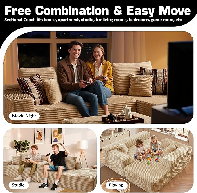 106 Cloud Sectional Couch with L-Shape Chaise &amp Ottoman No Assembly Modular Sofa Deep Seat Plush Corduroy Boneless Couched for Living Room (Beige Plush Corduroy L Shape with Ottoman-Right Faci