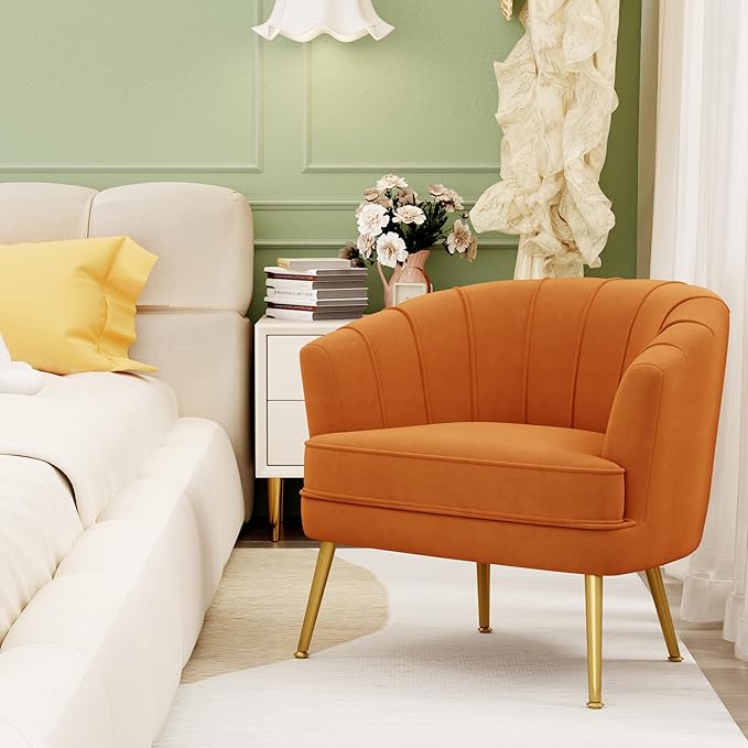 Velvet Accent Chairs for Living Room Bedroom Office Leisure Upholstered Single Sofa Chair Arm Chair Comfy Chair Reading Club Coffee Chair with Metal Legs Orange