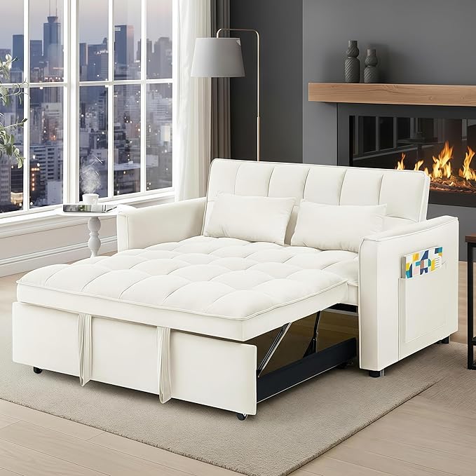 3 in 1 Folding Convertible Sofa Bed 55'' Pull Out Couch Bed with Side Pocket Velvet Fabric Loveseat Sleeper Sofa with Adjustable Backrest Easy Assembly Perfect for Living Room Off White