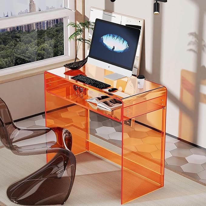 Acrylic Desk with Storage ShelfComputer Writing DeskAcrylic Study Table for Home OfficeOrange
