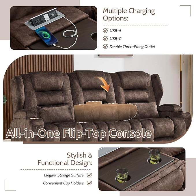SAMERY Loveseat Recliner Sofa Power Reclining Loveseat Sofa Wall Hugger Recliners RV Couch with Flip-Backrest Solid Wood Top Ambient LED Lights USB-C Outlets Velvet Chestnut | Extra Wide Seat