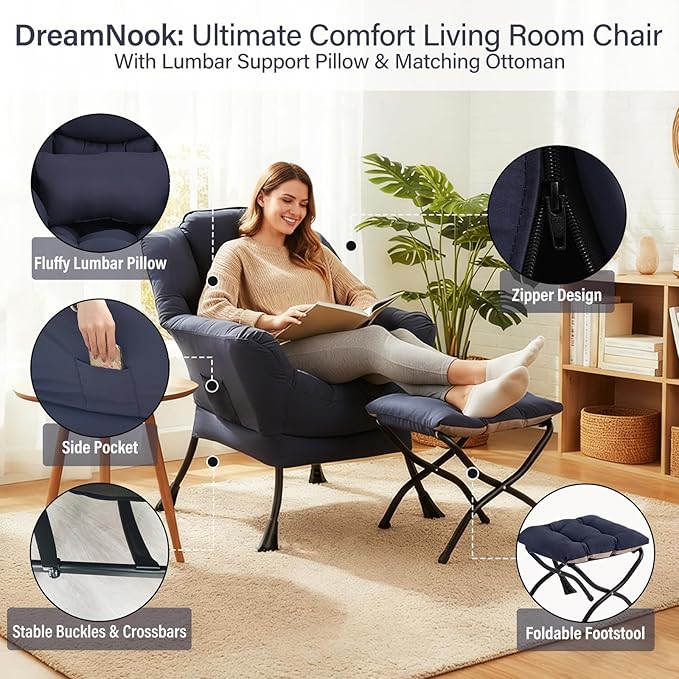 Lazy Chair with Ottoman Modern Accent Chair with Lumbar Pillow Navy Blue Sofa Armchairs with Folding Footrest Oversized Supportive Chairs for Bedroom Reading