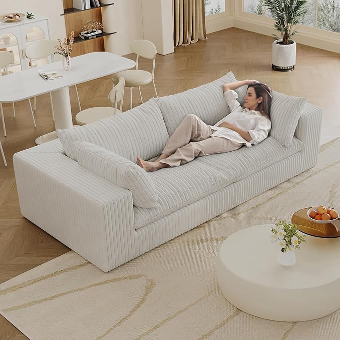 78.8 Modular Cloud Loveseat Couch Corduroy Boneless Couch with Foam &amp Removable Cushion Modern Lounge Sofa in a Box No Assembly Required Upholstered Sofa for Living Room (White)