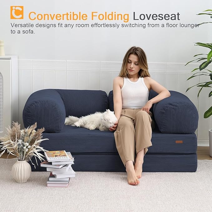 COMAX Folding Sofa Bed Queen 4-in-1 Foldable Floor Couch Convertible Futon Sofa with Armrests Sleeper Mattress Fold Out Chair Bed Lounge Guest for Living Room Navy Blue