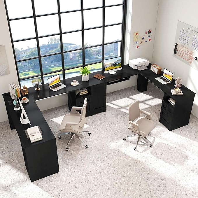 Giantex 66 L-Shaped Desk with Storage Drawers &amp Charging Station Spacious Corner Computer Desk with Keyboard Tray Adjustable Shelf Cabinet Huge Workspace Home Office Study Writing Desk (Black