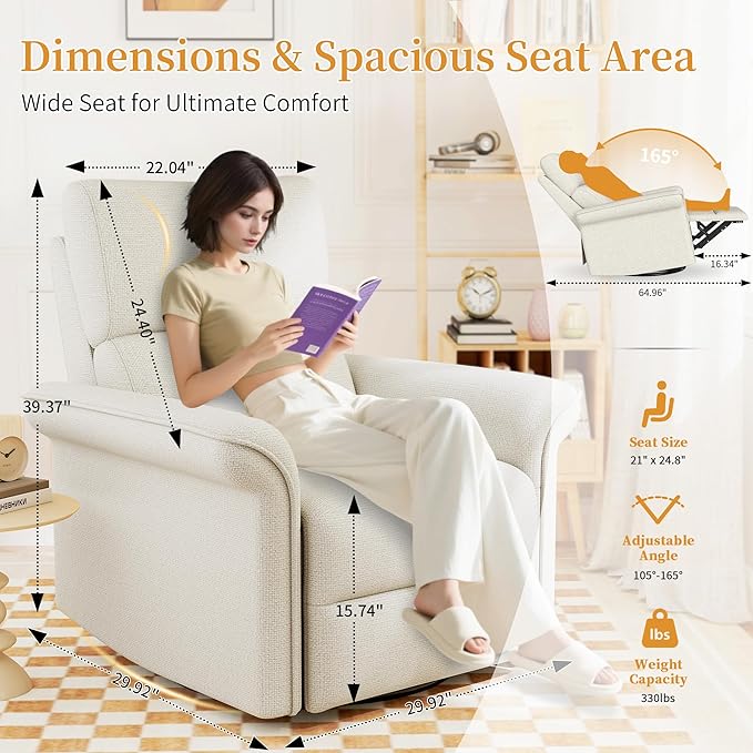 Power Swivel Rocker Recliner Chair for Nursery Upholstered Snowflake Velvet 270°Swivel Glider Rocker Chair with USB Ports Small Power Recliners for Small Spaces Living Room