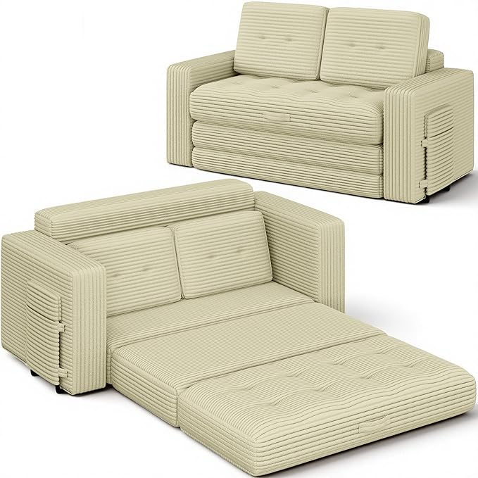 3 Fold Convertible Sofa Bed Pull Out Boneless Couch Loveseat Sleeper Sofa Folding Chaise Chair with Pillows for Bedroom Living Room Beige (Little Yellow)