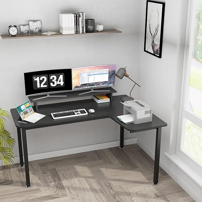 EUREKA ERGONOMIC 60 Inch Black Corner L Shaped Computer Desk Home Office Gaming Study Work Writing Table Long Large Sturdy Workstation Simple Modern with Metal Legs Right Side