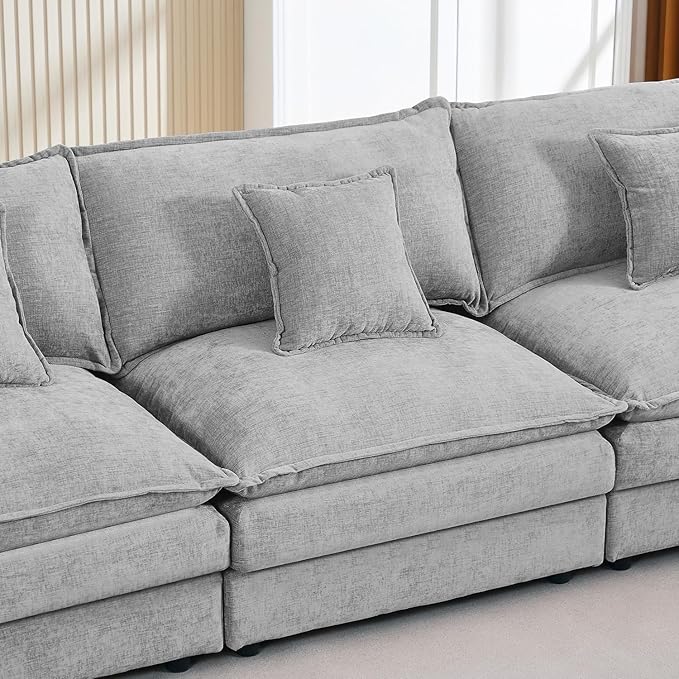 102 Grey Modular Sectional Sofa with Movable Ottoman Convertible L Shaped Chenille Cloud Couch Comfy 3-Seater Deep Seat Sofa Couches for Living Room Bedroom and Apartment (Grey 102)