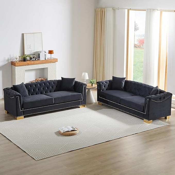 KEIKI 6 Seat Chesterfield Sofa Upholstered 3+3 Seat Couch with Rolled Arm Modern Combination Sofa for Living Room Bedroom Office Black