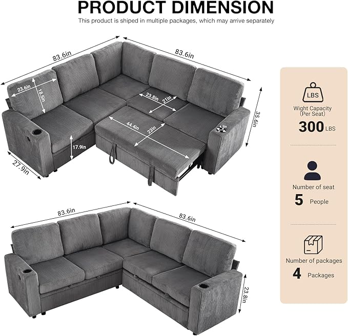 83 Sleeper Couch with Pull Out Sofa Bed 5-Seater Sectional Couches for Living Room L-Shaped Couch with Storage USB Port &amp Cup Holder Corduroy Convertible Corner Sofa for Apartment
