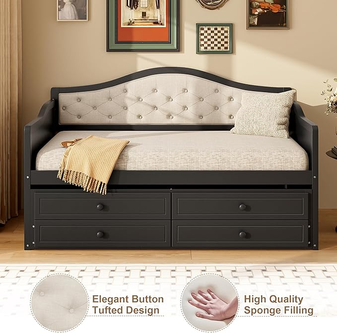 Twin Daybed with Trundle Twin Size Daybed with 2 Storage Drawers Wooden Sofa Bed with Upholstered Button Tufted Backrest for Living Room Bedroom Guest RoomBlack