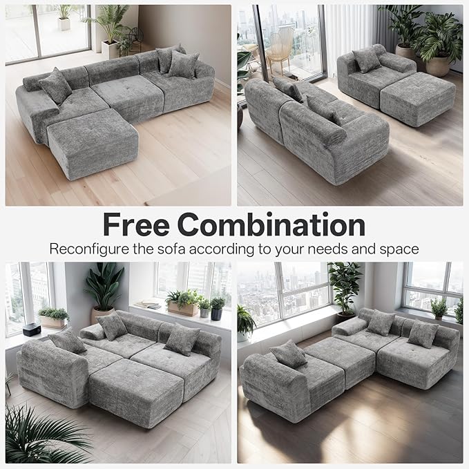 119’’ Modular Sectional Sofa Cloud Sectional Couch with Deep Seat Modern Modular Compression Sofa Couch with Chaise Upholstered Couches Throw Pillows for Living Room Bedroom Grey
