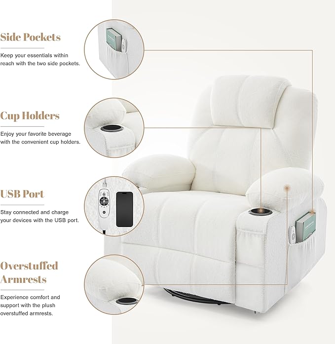 Swivel Rocker Recliner Chair with Heat and Massage Big Oversized Rocking Single Sofa for Living Room 360 Degree Swivel Recliner Chair with Cup Holders and USB Port (Teddy White)