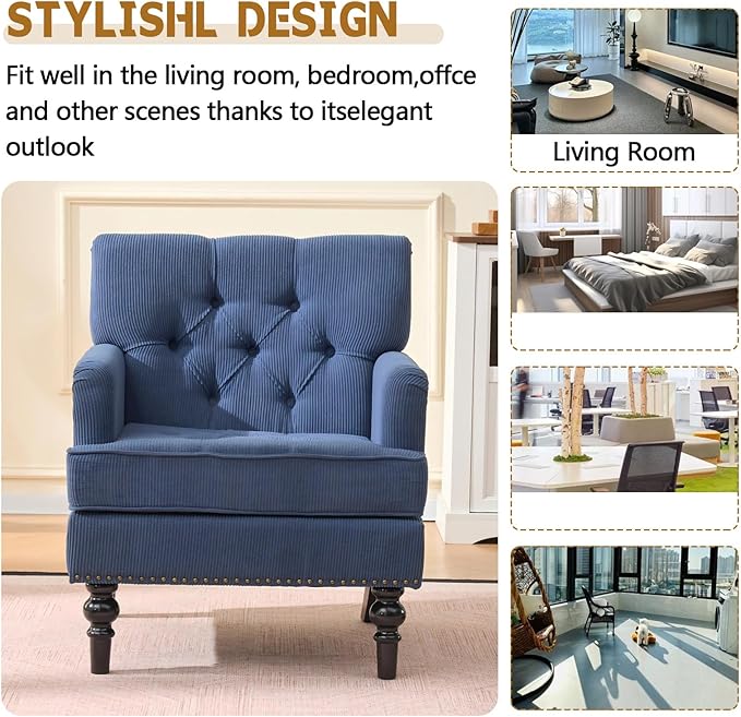 Mid Century Modern Accent Chair Corduroy Upholstered Armchair Tufted Club Chair with Solid Wood Legs Comfy Single Sofa Reading Chair for Living Room Bedroom Office (Blue)